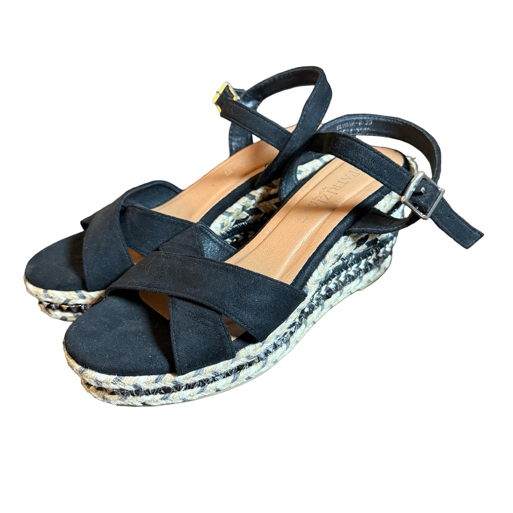 Patrizia by Spring Step Sloane Wedge Sandals Black Crisscross Espadrille Size 39